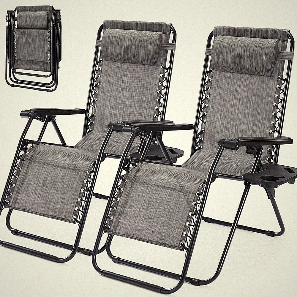 2PCS Zero Gravity Chairs Folding Reclining Patio Lounge with Cup Holders, Grey
