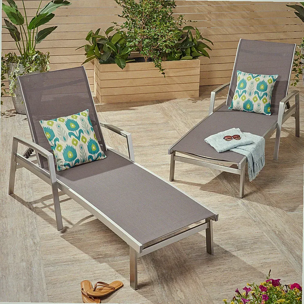 Adjustable Mesh Chaise Lounge Chair for Patio Outdoor Reclining Set of 2 Grey