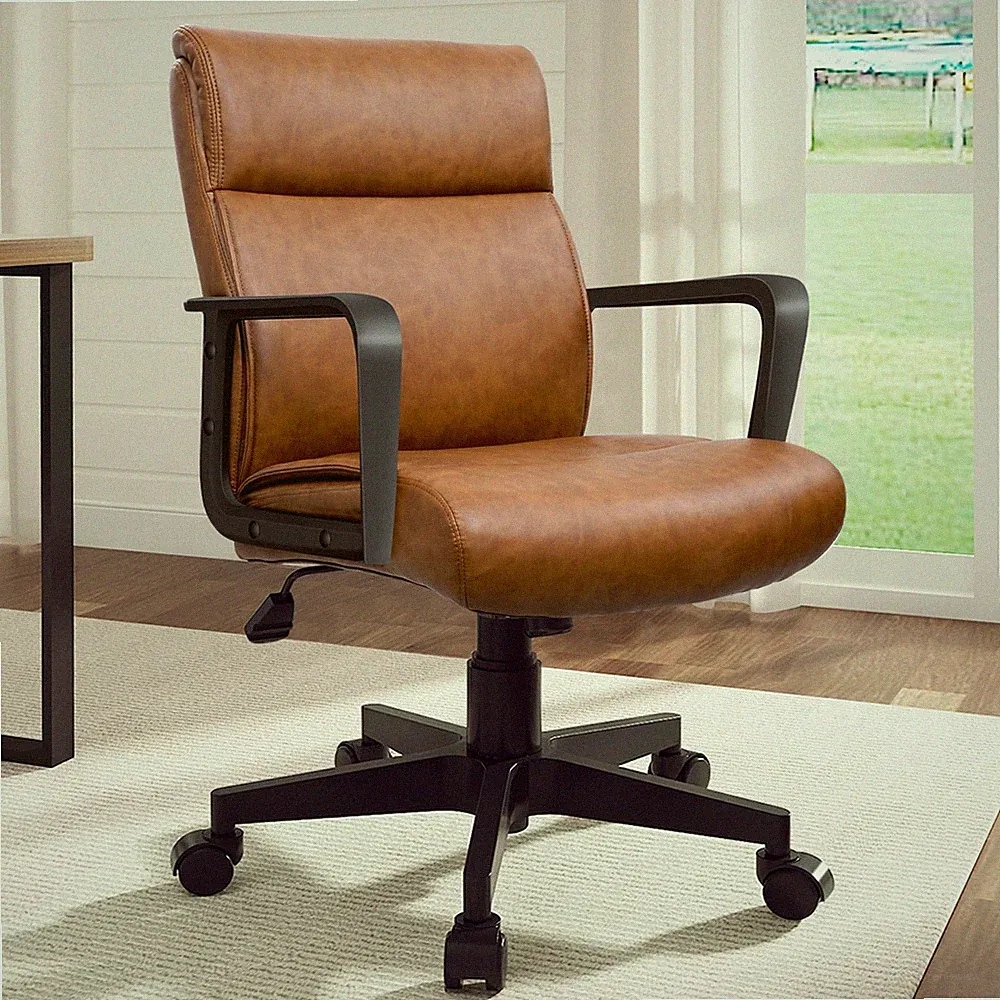 Brown Leather Office Chair, Mid-Back Ergonomic Computer Chair with Wheels Arm...