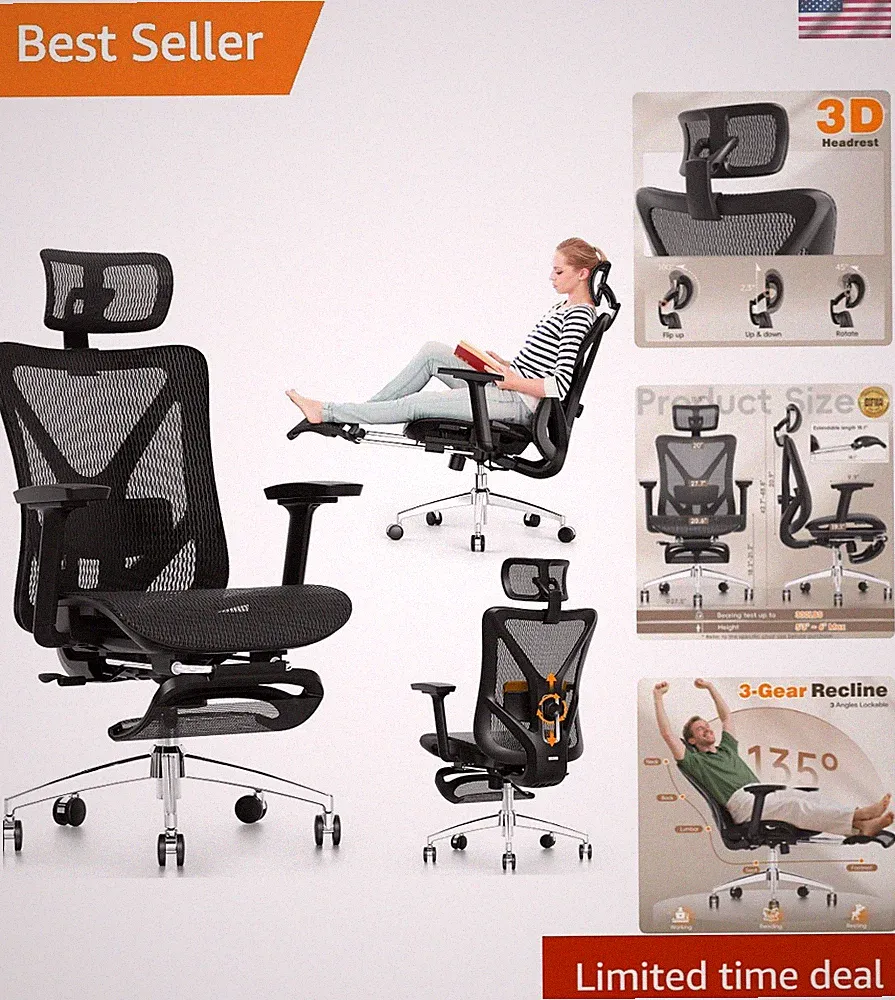 Ergonomic Office Chair with Footrest, 135° Reclining Desk Chair with Adjustab...