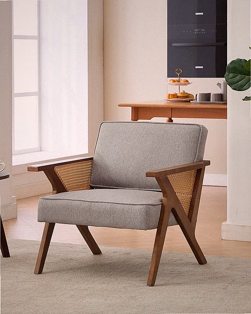 Linen Accent Chairs, Mid-Century Modern Armchair with Wood Legs for Living Room