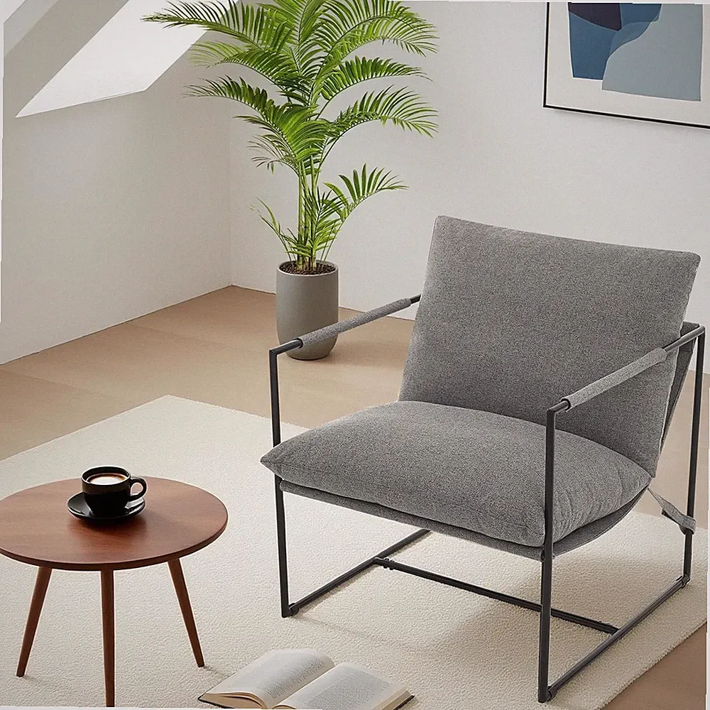 Modern Accent Chair with Metal Frame, Cozy Upholstered Lounge Chair, Light Gray