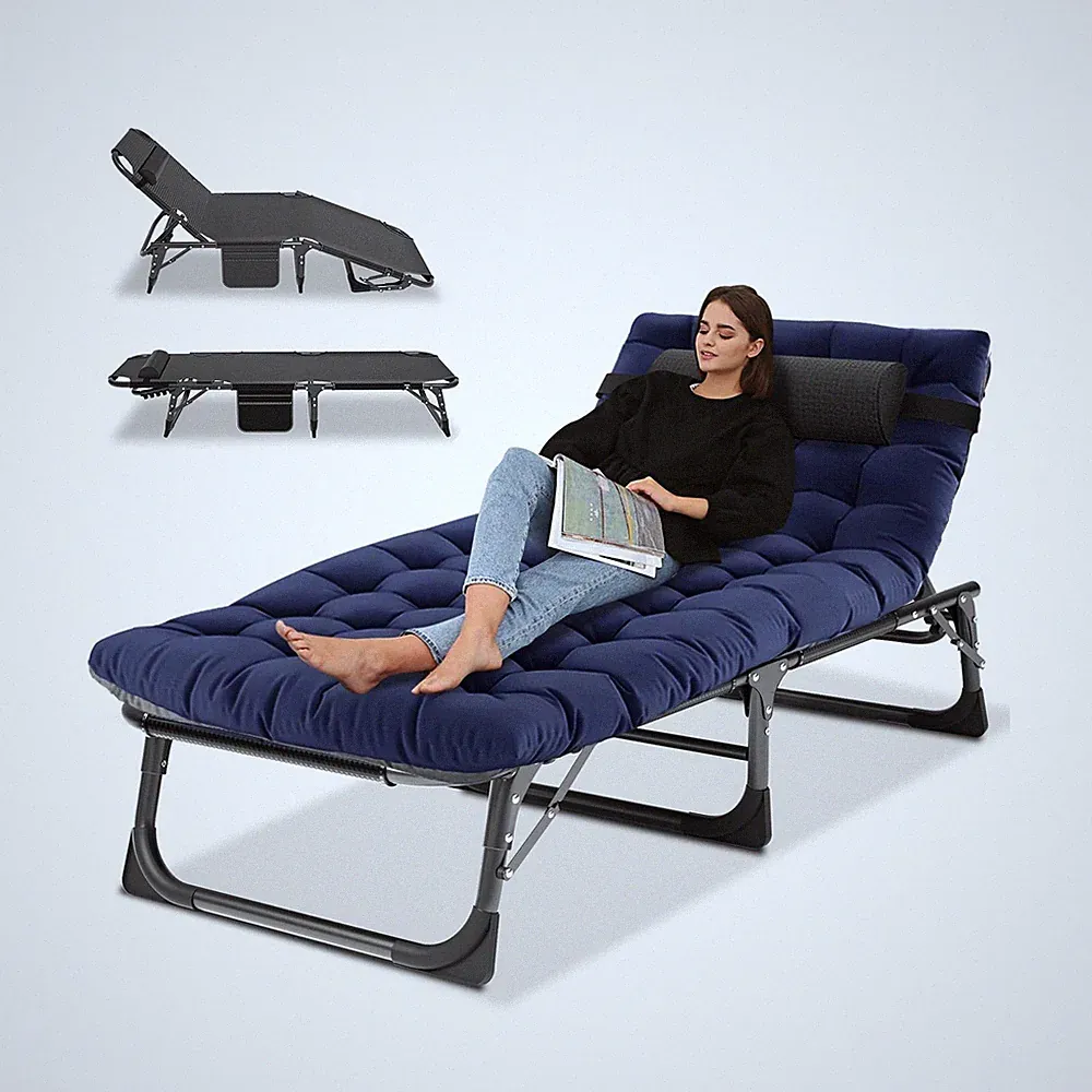 Portable Folding Camping Cot, Adjustable 4-Position Adults Reclining Chaise w...
