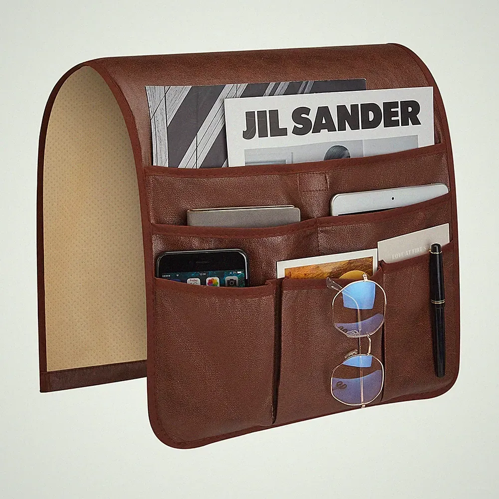 Remote Control Holder Faux Leather Armrest Organizer with 6 Pockets for recliner