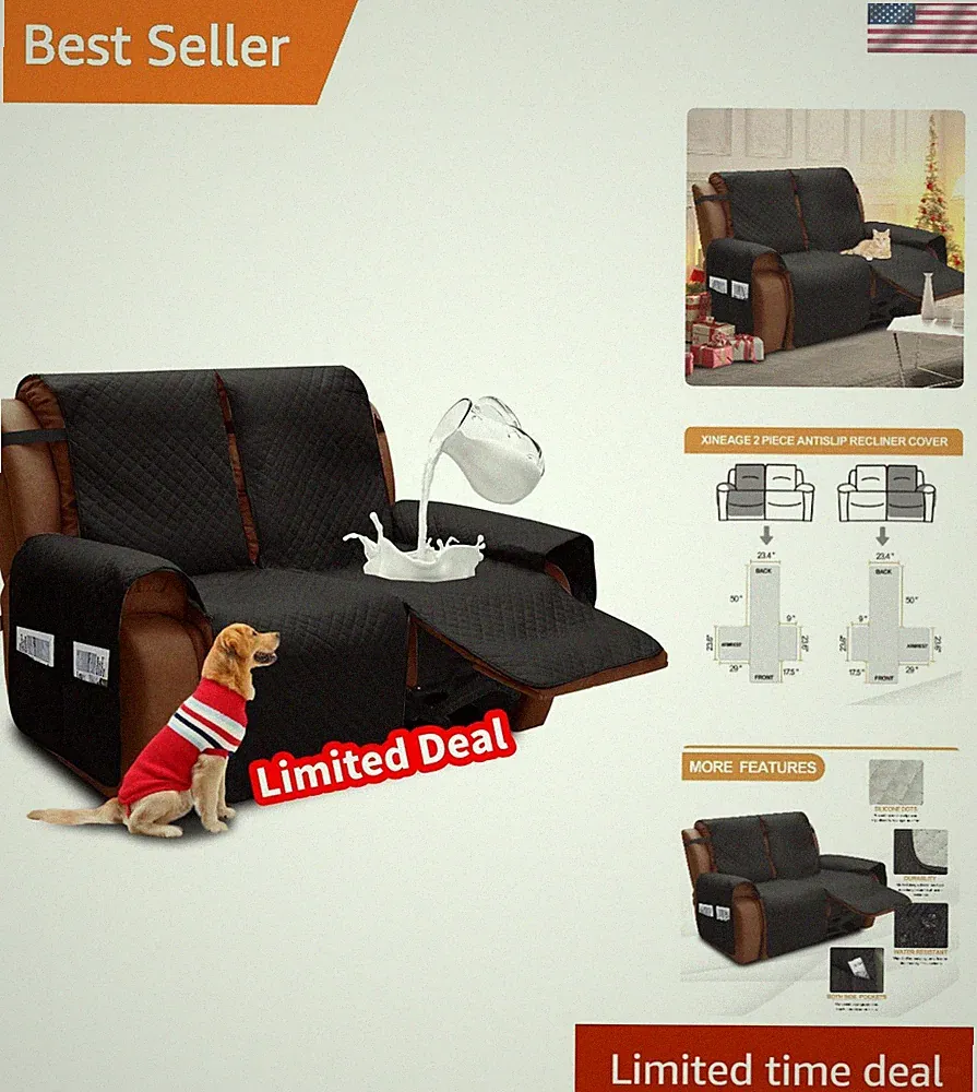 Water Resistant Recliner Cover, 2 Seat Loveseat Covers with Pockets, Quilted...