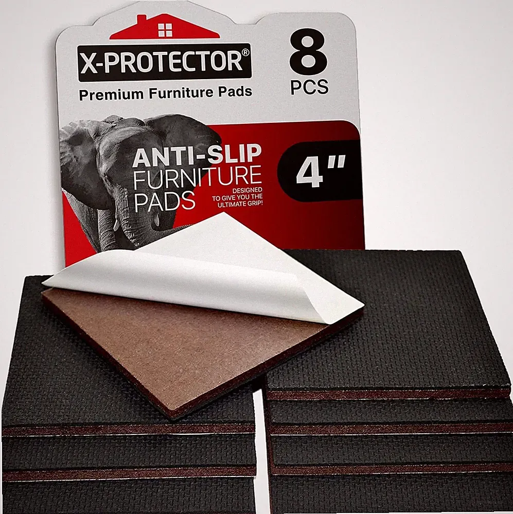 X-PROTECTOR Non Slip Furniture Pads - 8 pcs 8 Square 4", Black / Brown